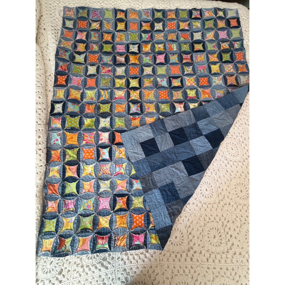 Handmade Denim Cathedral Window Rag Quilt Patchwork Throw Blanket 57x47